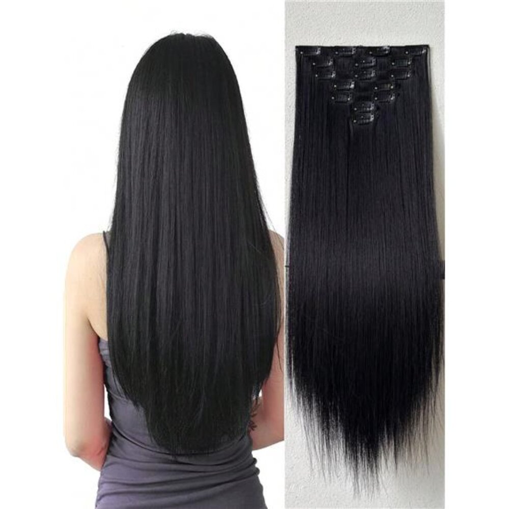 16 Clips 22 Inch 7pcs Black Straight Synthetic Hair Extensions For Women